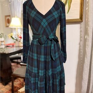 J. Crew Teal and Navy Plaid Long Sleeve Dress